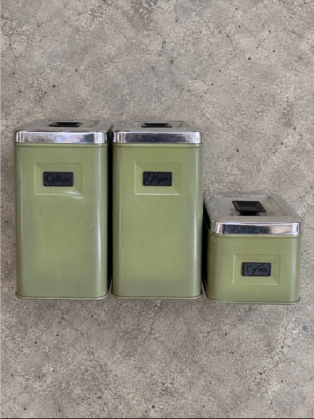 Vintage Eaton’s Canada Metal Canister Set Flour Sugar Tea MCM Green Chrome Retro